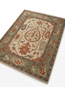 DECORDEC Tapis en laine Oushak moderne Vert sauge Rouille Ivoire Motif floral Médaillon Bordure botanique anatolienne Antidérapant Écologique - Product Image 1