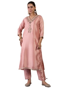 Ensemble 3 pièces pour femmes, kurta en soie à broderies florales, pantalon droit, dupatta en chanderi, salwar kameez traditionnel indien, tenue de fête pakistanaise - Product Image 2