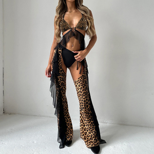 Women's <b>Sexy</b> Woven Lingerie Leopard Print <b>Set</b> Sleeveless Sheer Underwear with Long Pants Light Control Thin Party <b>Set</b> - Product Image 2