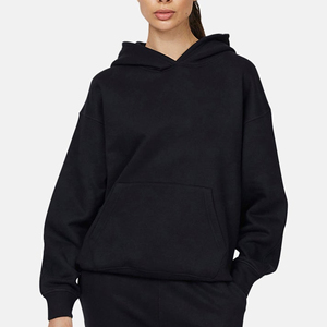 Sudadera con Capucha Extra Grande para Mujer, Color Negro Sólido, Felpa de Algodón, Manga Larga, Diseño con Bolsillos, Ropa Casual de Otoño - Product Image 1