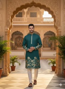Exclusive Celebrity Silk Festive <b>Kurta</b> Gold Foil Embroidery Cotton Pajama Ready Made Traditional Ethnic Wedding Attire Kids' All - Product Image 1