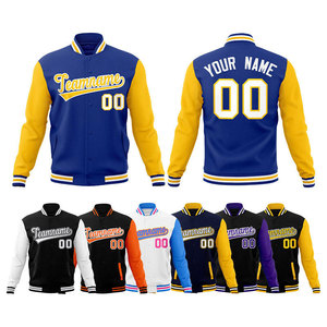 Chaqueta Varsity para Hombre, Personalizada con Nombre y Número del Equipo, Manga Azul y Amarilla, Ropa Casual de Otoño, Material de Poliéster - Product Image 1