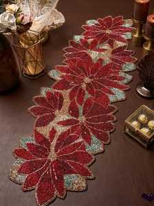 Handmade Beaded <b>Table</b> <b>Runner</b>, Red Floral Linen Decoration, Luxury Holiday Centerpiece - Product Image 1