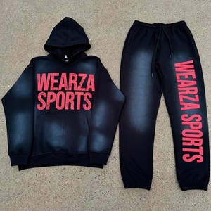 Conjunto de Sudadera con Capucha y Pantalones Deportivos de Algodón 100% Lavado para Hombre, Estilo Urbano, Corte Holgado, Estampado con Letras, 2 Piezas, Venta al Por Mayor OEM - Product Image 2