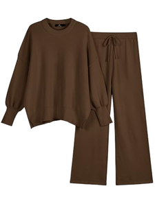Ensemble femme personnalisé avec logo, ensemble en tricot 2 pièces, haut à manches longues et pantalon long, col roulé, style décontracté pour l'automne - Product Image 4