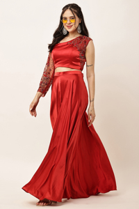 Elegant <b>Red</b> Satin One Shoulder Embroidered <b>Crop</b> <b>top</b> and Sharara Set Evening Dress Solid color Handmade Beads work - Product Image 3