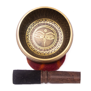 Bol chantant tibétain authentique en métal sculpté, yeux de Bouddha, plaqué or antique, pour méditation, sonothérapie, yoga (11 cm) - Product Image 5