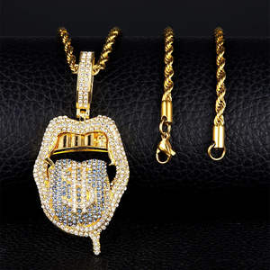 Ensemble de bijoux Hip Hop personnalisé avec pendentif en cristal serti de pierres, collier tennis, pendentif langue signe dollar pour homme et chaîne cubaine dorée - Product Image 2