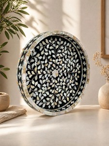 Plateau de service artisanal en nacre noire et blanche, incrusté de coquillages, plateau décoratif pour la maison, l'hôtel, le restaurant - Product Image 2
