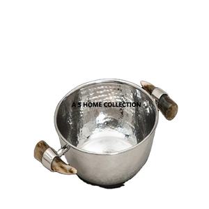 Metal Shiny Polished Hammered Point Round Shape <b>Gift</b> <b>Use</b> Decorative Nuts Bowl with Horn Handle - Product Image 1