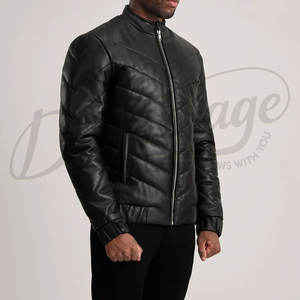 Blouson en similicuir noir matelassé pour homme, style bomber, col montant, coupe ajustée, décontracté, pour moto, veste softshell - Product Image 5