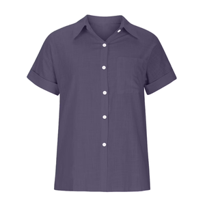 Chemise en lin à manches courtes pour femme, couleur unie, col rabattu, coupe classique, haut décontracté pour le printemps et l'été - Product Image 4