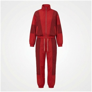 Survêtement unisexe rouge à blocs de couleur, manches longues, fermeture éclair sur le devant, style sportif, pour l'automne, avec poches latérales, en polyester mi-lourd - Product Image 1