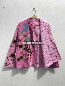 Pink <b>Velvet</b> Sheep Skin Embroidered Blazer Mandarin Collar Full Sleeve Handwork <b>Women's</b> Autumn Winter <b>Jacket</b> - Product Image 3