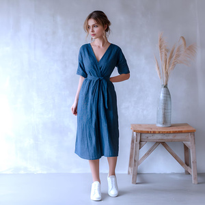Precio de fábrica: Vestido midi de verano para mujer, 100% algodón, cintura alta, estilo vintage con lazo, transpirable, manga corta, corte holgado, teñido liso, hecho a mano, para uso diario. - Product Image 1