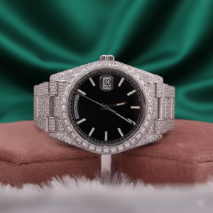 Montre de luxe pour homme, cadran noir, date, acier inoxydable, lunette sertie de diamants, style automatique, montre-bracelet - Product Image 1