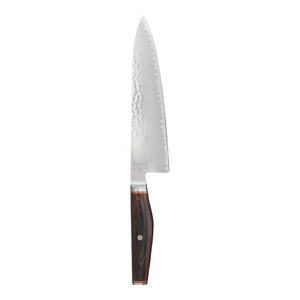 Couteaux de cuisine en bois grainé brun avec accents de manche noir, lames martelées argentées et broches décoratives pour trancher et hacher - Product Image 2