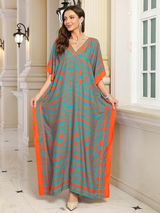 Vestido Largo Maxi de Gasa con Estampado Geométrico y Cuello en V para Mujer, Estilo Vacaciones de Verano, Manga Casquillo, Corte Imperio, Kaftán Largo Estampado Naranja y Verde Azulado - Product Image 1