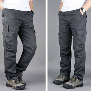 Pantalon cargo pour homme, taille élastique, plusieurs poches, en toile, coupe droite décontractée, respirant, poids moyen, pour le printemps - Product Image 2