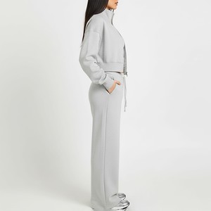New Arrival Women's Embroidered Mesh Crop <b>Top</b> Zipper Hoodie Baggy Joggers Set Breathable Solid Color Casual Wear Sweatsuit OEM - Product Image 2