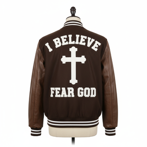 Chaqueta bomber oversize de lana personalizada con estampado serigrafiado, hombros caídos, estilo varsity para hombre, con patrón en ambos los mangas de cuero, en oferta OEM. - Product Image 2