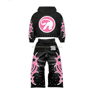 Your Brand Tracksuit Set Hooded Zipper Sweatsuit Flare Pants Sporty Style Breathable Vintage Screenprint - Product Image 2
