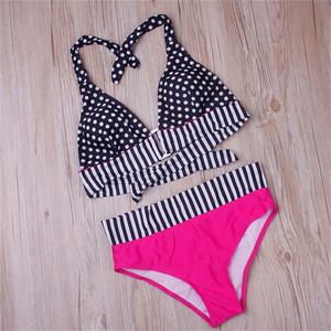 Conjunto de Bikini de Dos Piezas para Mujer con Estampado de Lunares y Rayas, Cuello Halter, Ribete en Contraste, Spandex, Poliéster, Traje de Baño, Ropa de Playa - Product Image 5