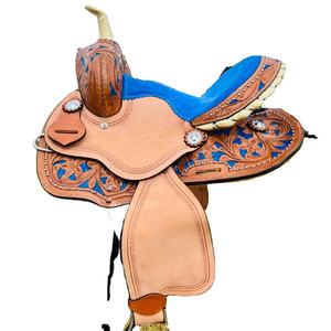 Silla de montar estilo Western hecha a mano de cuero genuino, tipo barril, con cincha ancha y duradera para equitación. - Product Image 1