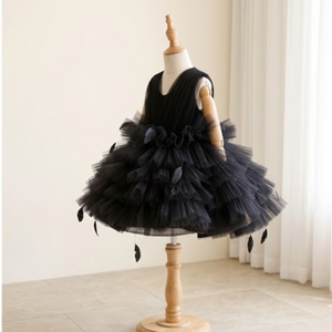 Robe de bal princesse noire unie, longueur genou, en tulle superposé bouffant, style couture, pour anniversaire, spectacle ou fête, pour filles - Product Image 2