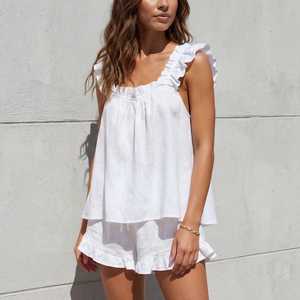 Women Ruffle Sleepwear Set Cotton <b>Linen</b> Tank <b>Top</b> and Shorts Lounge pajama Summer Homewear - Product Image 1