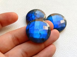Blue Flash Labradorite Round <b>Checker</b> Cut Cabochon 30mm Loose Gemstone Set Faceted <b>Top</b> Flat Back Stone For Jewelry Making - Product Image 3