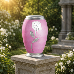 Handcrafted Pink Floral Cremation Urn for Human Ashes - Elegant Metal <b>Memorial</b> Funeral <b>Keepsake</b> with Silver Rose Engraving - Product Image 4