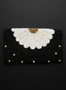 Pochette élégante perlée pour femme, motif pois noir, blanc et or, fermeture à rabat, sac de soirée et de mariage - Product Image 3