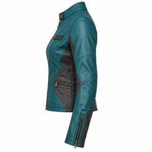 Teal Blue <b>Leather</b> Jacket Womens Dark Charcoal Patchwork Snap Neck Biker <b>Top</b> Zip Pocket Fitted Custom Speedway Rider Outerwear - Product Image 4
