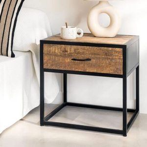 Table de chevet industrielle en bois massif avec tiroir et structure métallique pour chambre à coucher et salon - Product Image 3