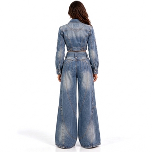 Conjunto de Dos Piezas de Mezclilla Azul Claro para Mujer, Chaqueta Corta Ajustada, Jeans de Pierna Ancha, Cinturón, Fabricante de Ropa al por Mayor, OEM, ODM Personalizado - Product Image 2