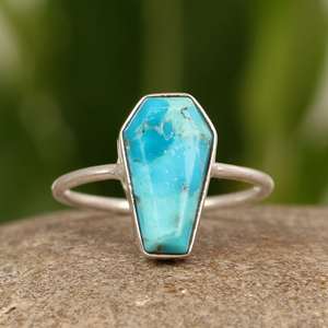Bagues en turquoise de Mohave bleu cuivre très vendues, argent sterling 925, forme de cercueil 8x14 mm, bijoux navajo, fiançailles, mariages, cadeaux - Product Image 2