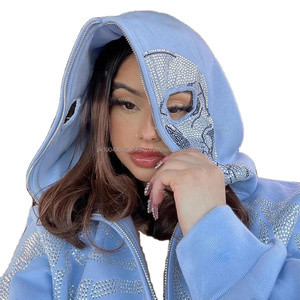 Alta Calidad Algodón Rhinestone Zip up Hoodie Punk moda Unisex Stitch Hoodie Hip Hop Hoodie para ropa de calle - Product Image 5
