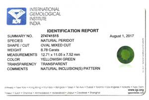 เพอริดอทดีไซน์วงรี น้ำหนัก 8.78 กะรัต ได้รับการรับรองจาก IGI สีเขียวพรีเมียม ความใสระดับเยี่ยม คุณภาพดีเยี่ยม ผลิตในบราซิล เหมาะสำหรับทำเครื่องประดับ - Product Image 2