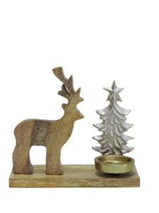 Décor de Noël moderne et durable en nickel et aluminium, motif renne et sapin argenté, avec porte-bougie doré sur la base - Product Image 2