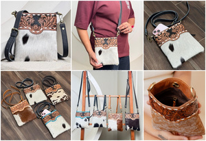 Bolso de hombro de piel de vaca genuina, bolsillo móvil suave y cómodo, monederos de mano para mujer con parche floral y bolsillos con cremallera - Product Image 3