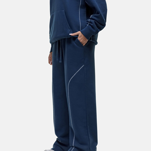 Women's Wide Leg Fleece Pants Mid Waist <b>Drawstring</b> Casual Solid Color Long <b>Trouser</b> Autumn Loose Fit Full Length Side Design - Product Image 4