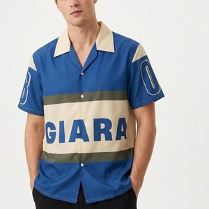 เสื้อเชิ้ตแขนสั้นสีน้ำเงินเบจ Giara สำหรับผู้ชาย ปกคอพับได้ ระบายอากาศได้ดี ผ้าป๊อปลิน สไตล์ฤดูร้อน พิมพ์ลายตัวอักษรด้านหน้า - Product Image 3