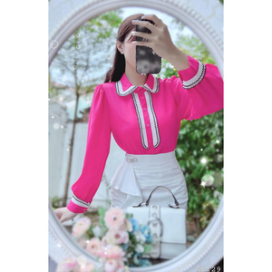 Camisa Elegante de Oficina para Mujer al por Mayor, Manga Larga, Blanca, con Cuello en Contraste y Ribete Ondulado Decorativo para Boutiques y Minoristas - Product Image 1