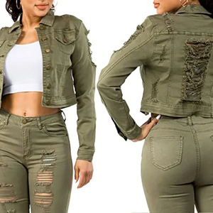 Conjunto de Chaqueta Vaquera Verde Oliva y Jeans Ajustados para Mujer, Rotos, Desgastados, de Algodón y Poliéster, Estilo Casual para Otoño - Product Image 4