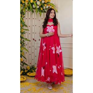 Costume Anarkali en soie organza imprimé numérique taille XS avec bas et Dupatta - Product Image 2