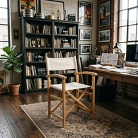 Chaise de directeur en teck Karya, pliable, avec dossier serré et accoudoirs droits, pour extérieur, en tissu, pour villa moderne et jardin, finition naturelle CHA18 No
