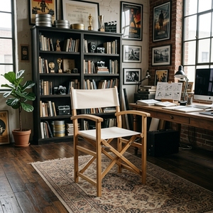 Chaise de directeur en teck Karya, pliable, avec dossier serré et accoudoirs droits, pour extérieur, en tissu, pour villa moderne et jardin, finition naturelle CHA18 No - Product Image 6