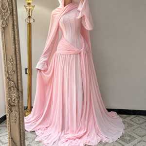 Vestido Abaya Islámico Modesto con Capucha en Color Rosa Pálido, Elegante Vestido de Oración Musulmán Estilo Dubái, Kaftán Largo de Poliéster para Eid - Product Image 4