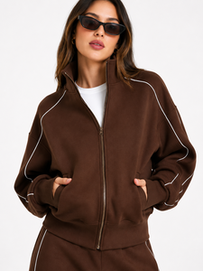 Wholesale Custom Premium Athleisure Set Stand Collar Zip <b>Jacket</b> Hoodies Contrast Piping Fleece Tracksuit Relaxed Fit Trousers - Product Image 4